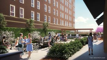 a rendering of people outside of a building